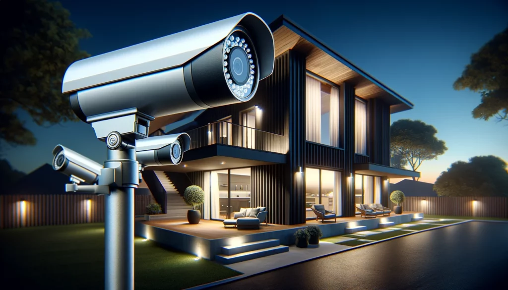 A modern home at dusk, equipped with strategically placed security cameras, illustrating the seamless blend of advanced protection and residential aesthetics, highlighting the importance of continuous recording for enhanced safety.