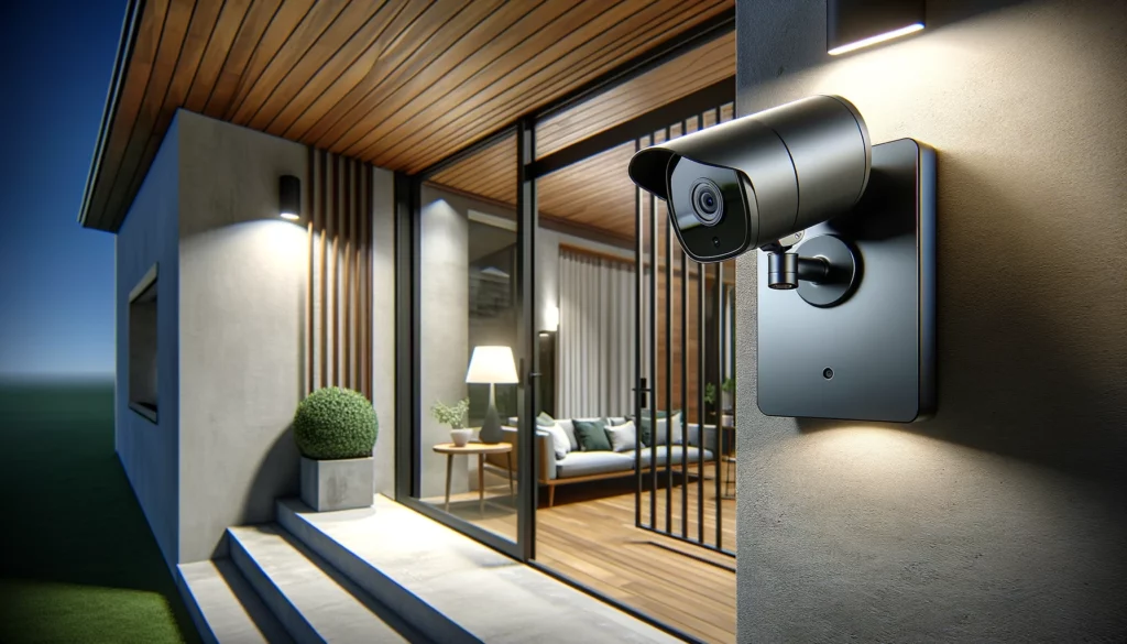 A high-mounted, tamper-resistant security camera at the back or side door of a contemporary home, offering a wide-angle view to secure less visible entry points, blending security with aesthetic.