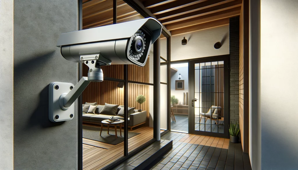  A high-mounted, tamper-resistant security camera at the back or side door of a contemporary home, offering a wide-angle view to secure less visible entry points, blending security with aesthetic.