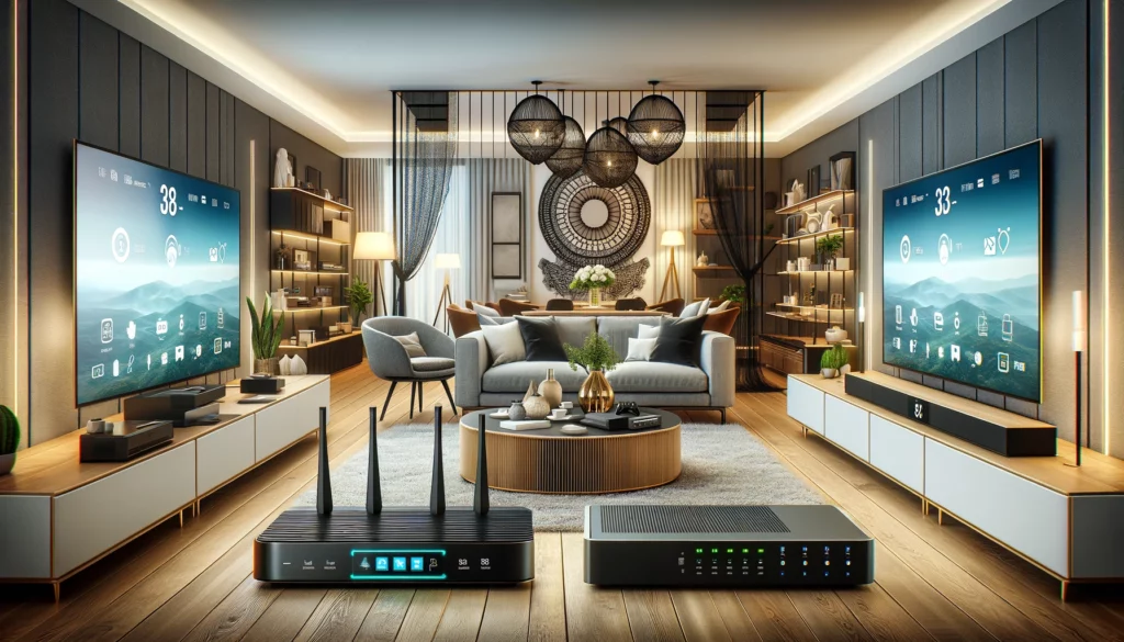 Wide-view of an elegant living room with two internet routers, showcasing advanced connectivity with a smart TV and gaming setup amid modern design and high-tech home solutions.