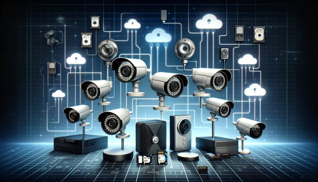 A variety of home security cameras interconnected with digital lines to icons representing cloud storage and physical devices like hard drives or SD cards, illustrating the diverse storage solutions available for managing and preserving security footage.