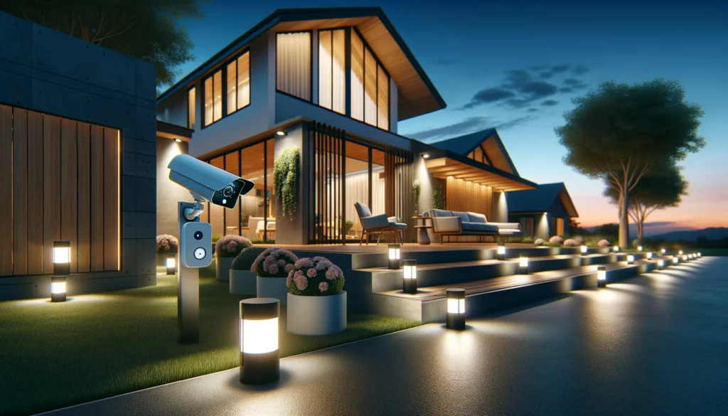 : An inviting modern home at dusk, subtly highlighted by integrated security features such as cameras and motion sensor lights, showcasing a harmonious blend of safety and aesthetic appeal in a residential setting.