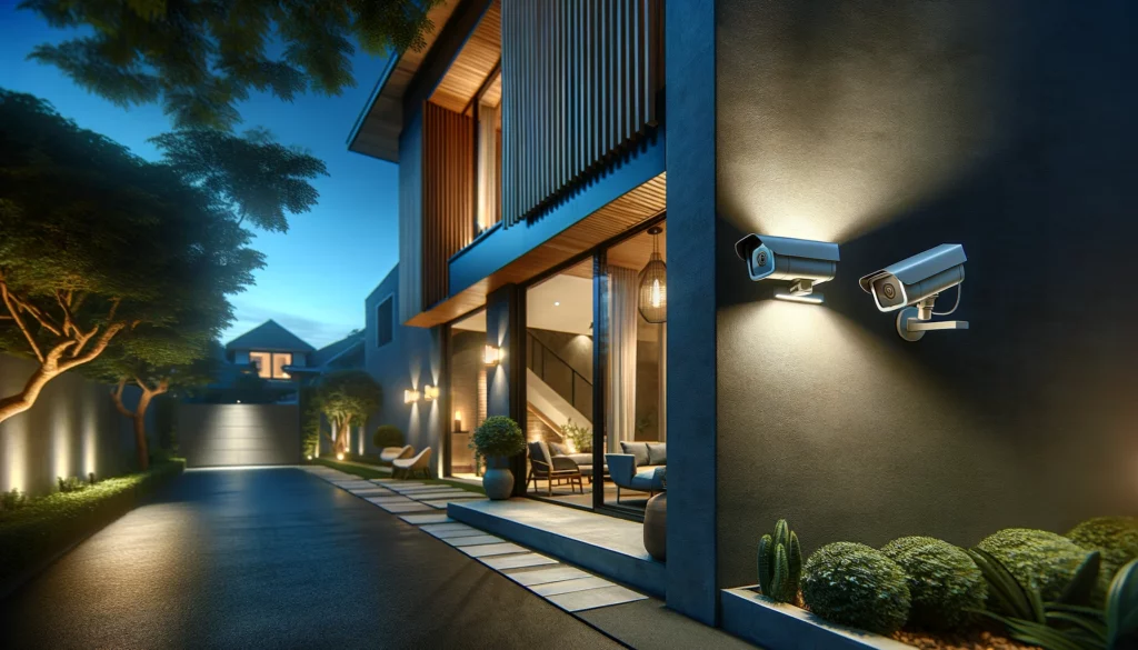 : An inviting modern home facade at dusk with discreetly placed outdoor security cameras blending with the architecture, emphasizing a secure yet aesthetically appealing setup.