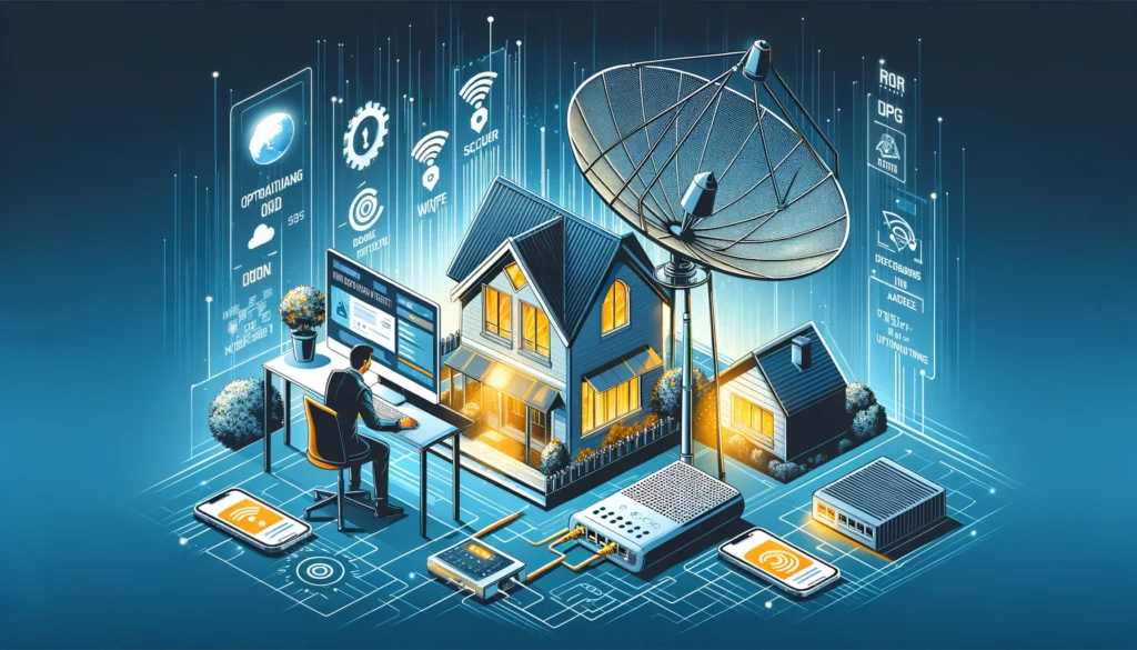 A modern home office showcasing advanced technology for satellite internet enhancement, including a high-tech router and an optimally positioned satellite dish outside the house. A user is depicted making network adjustments on a computer, emphasizing secure Wi-Fi, equipment upgrades, and Ethernet usage, set against a backdrop that blends functionality with aesthetic appeal in a remote or rural setting.