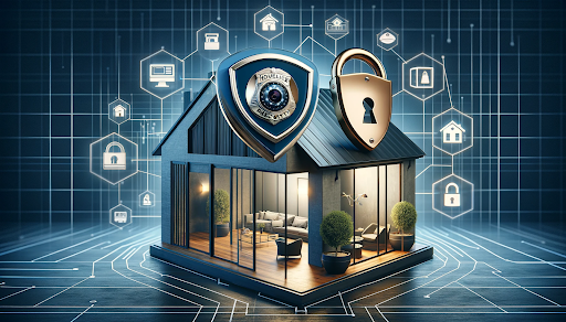 A modern home equipped with security cameras, featuring integrated symbols of law enforcement and privacy, illustrating the balance between securing the home and protecting privacy rights.