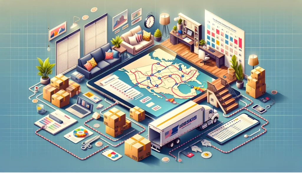 Visual guide for a cross-country move, showcasing a map with a highlighted route across the USA, moving boxes in a modern home, a moving truck outside, and organizational tools like a digital tablet displaying a moving checklist, a calendar, and color-coded labels on boxes. The scene combines the excitement of relocation with the functionality of modern planning technology, perfectly illustrating the journey of moving across the country.