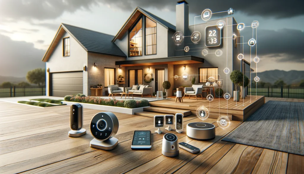 A modern home security setup in a living room, featuring a range of technologies from ADT and Vivint. The image shows a sophisticated interior with a digital control panel, smart locks on the door, and surveillance cameras. There are also environmental sensors visible, suggesting functionality for detecting smoke, water leaks, and carbon monoxide. The setting is stylish, blending the high-tech devices seamlessly into a comfortable living space, emphasizing both security and aesthetic appeal in a home environment in Pico Rivera, California.