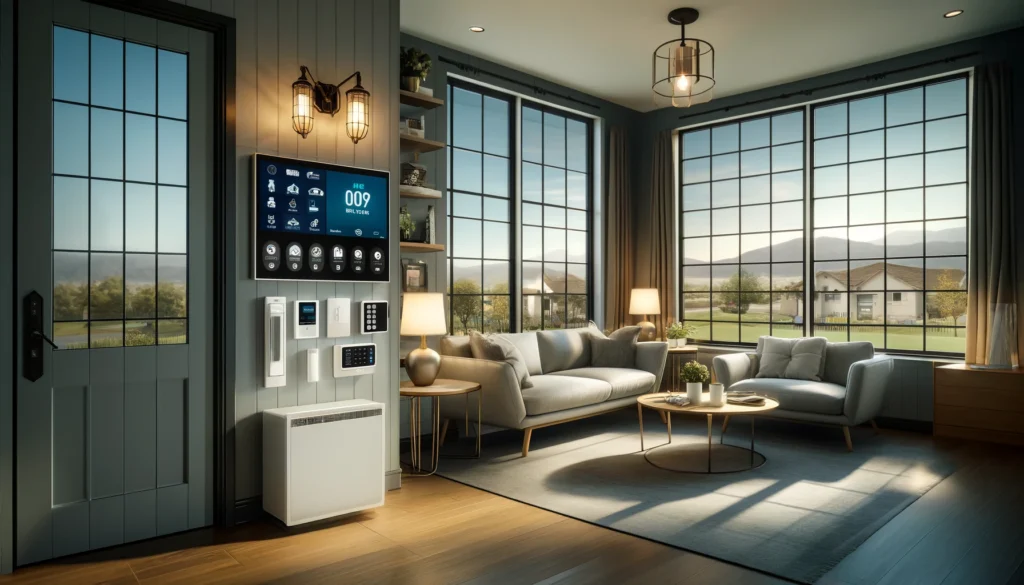 Modern home interior in Chino, California, featuring ADT and Vivint home security technologies. The living room is stylish with large windows and suburban views. A digital security panel by ADT and a Vivint smart home device are integrated into the decor. The scene includes a smart lock, discreet surveillance cameras, and a smartphone displaying security alerts, highlighting both functionality and aesthetic appeal.