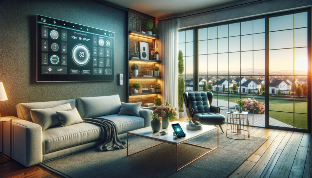 Modern living room in Tuscaloosa, Alabama, featuring advanced home security technologies from providers like ADT and Vivint. The room includes a sleek digital control panel mounted on the wall and a smartphone on a coffee table displaying a security app. The background showcases a suburban neighborhood through a large window, emphasizing safety in a stylish, contemporary home setting.