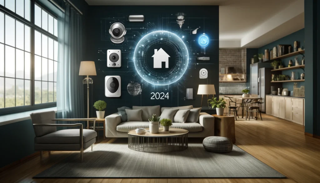 Modern living room featuring advanced home security technology with devices from providers like ADT and Vivint. The room includes a smart doorbell, surveillance cameras, and integrated home automation systems, showcasing a blend of safety, technology, and stylish home decor.