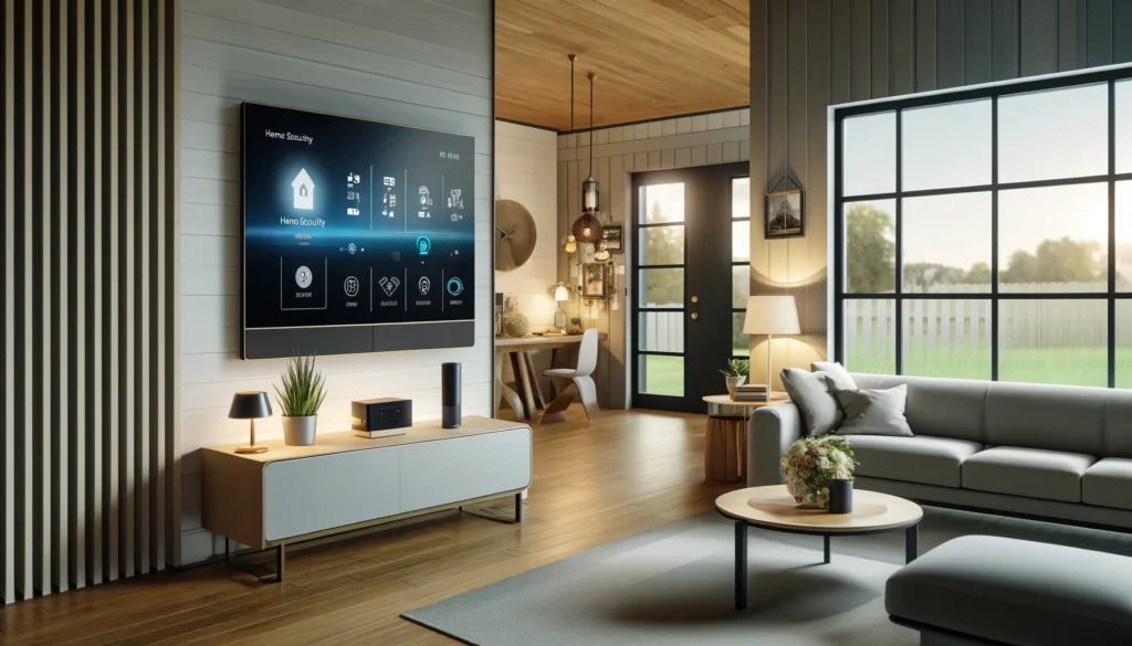 Modern living room in a Highland, California home featuring advanced home security technology. The room showcases a sleek, wall-mounted touch screen panel from ADT and discreet security cameras by Vivint, along with smart home devices like voice assistants and automated lighting. Contemporary furniture and large windows provide a view of the suburban landscape, emphasizing a secure, high-tech living environment.