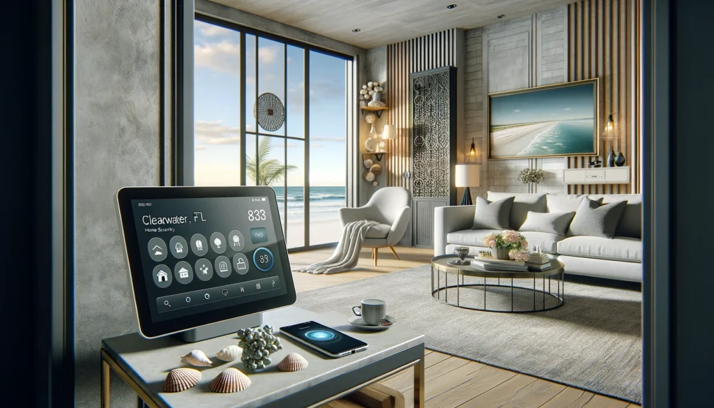 Modern living room in Clearwater, Florida, with sophisticated home security technology. The room features a large window with ocean views and a sleek console displaying a touchscreen panel from ADT. Nearby, a smartphone shows the Vivint security app interface. The décor includes contemporary furniture in neutral tones and coastal decorations like seashells, highlighting the integration of functionality and aesthetic appeal in home security solutions from ADT and Vivint.