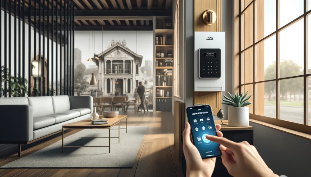 Modern living room in Pasadena with high-tech ADT and Vivint home security systems integrated. The image features a stylish, contemporary setting with a homeowner using a smartphone app to control a Vivint security system and an ADT security panel mounted on the wall. Through the window, a hint of Pasadena's historic charm is visible, blending traditional and modern elements.