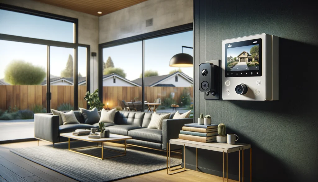 Modern living room featuring advanced home security technology with ADT's digital control panel and Vivint's high-definition camera system, set against contemporary decor and a suburban view through large windows, highlighting both functionality and style.