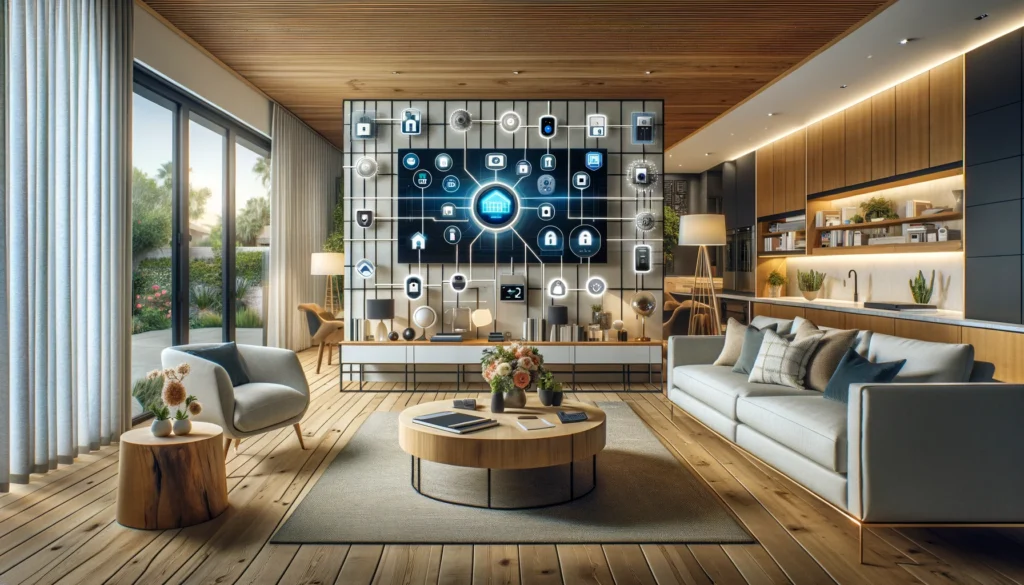 Modern living room in Fullerton, California, featuring a sophisticated home security setup with ADT and Vivint technologies. The room includes smart locks, surveillance cameras, and a central monitoring screen, seamlessly integrated into a stylish, contemporary home setting.