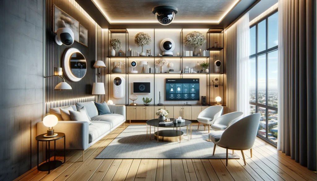 Modern living room featuring high-tech security systems from providers ADT and Vivint, with a high-definition security camera, a smart home control panel, and various smart devices integrated into a stylish home setting. This image illustrates a sophisticated and functional urban living space, demonstrating how advanced security technology can blend seamlessly into everyday home decor.