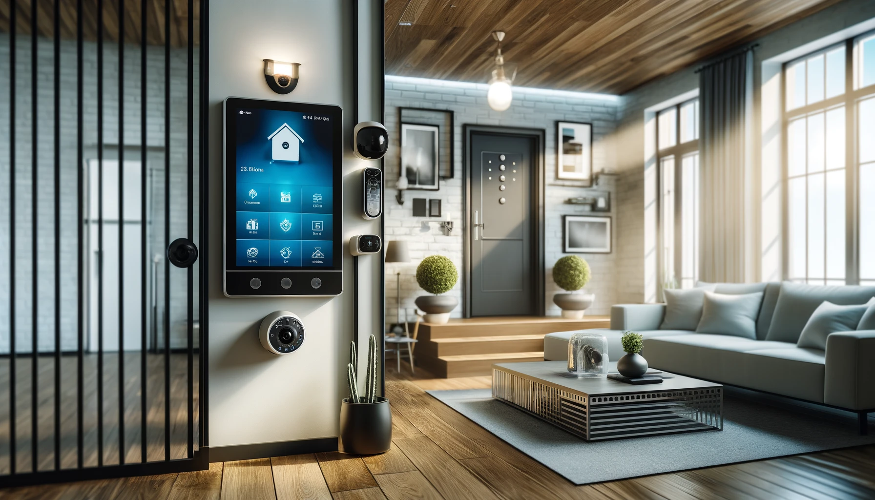 Modern living room in Palmdale, California, featuring advanced home security technology from providers like ADT and Vivint. The room includes a sleek digital security panel on the wall, a smart lock on the front door, and high-definition security cameras. The interior is stylish with contemporary furniture and large windows, illustrating a secure and comfortable home setting.