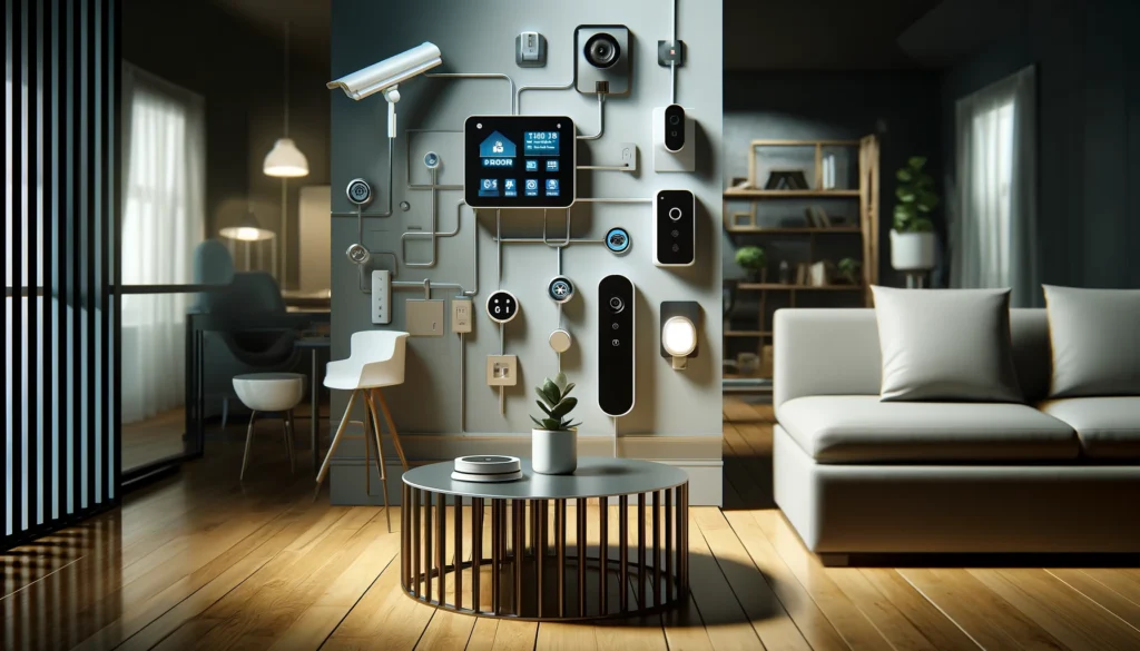 Modern home interior featuring advanced home security technologies by ADT and Vivint, including smart locks, surveillance cameras, and a centralized smart home control panel. The setting is a contemporary living room, illustrating the seamless integration of these devices into the home's aesthetic, enhancing both security and style.