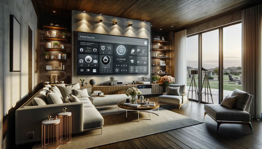 Modern living room in Grand Prairie, Texas, outfitted with advanced home security technology from providers like ADT and Vivint. The room features high-definition security cameras, smart locks, and a sleek home automation dashboard on a digital screen, all seamlessly integrated into a contemporary setting with neutral tones. This image exemplifies the blend of functionality and style in home security solutions.