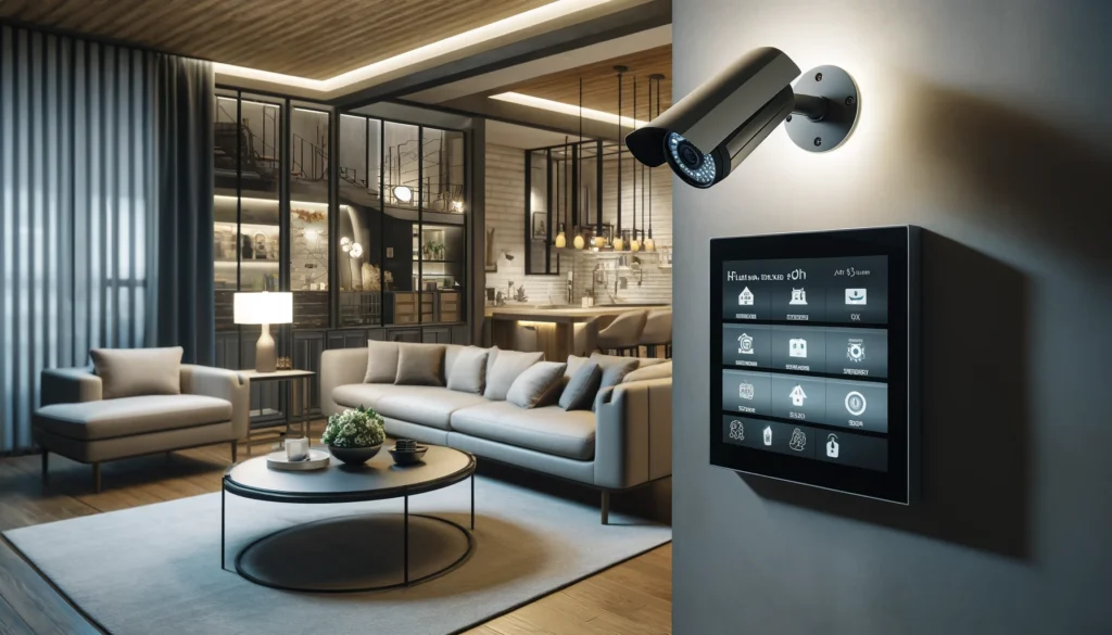 Modern living room featuring advanced home security technologies from ADT and Vivint, including discreetly mounted high-definition surveillance cameras and a smart home control panel displaying security features. The image portrays a seamless integration of top-tier security systems within a stylish, contemporary home setting.