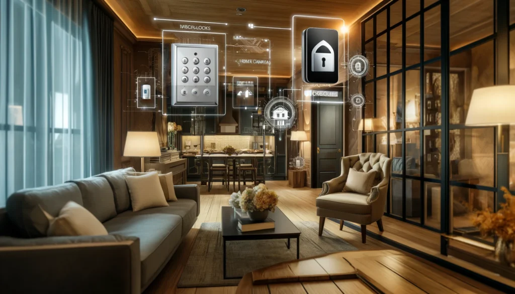 Modern living room featuring ADT and Vivint home security technologies, including smart locks and advanced surveillance cameras, seamlessly integrated into a stylish home setting with tasteful furniture and a warm color palette.