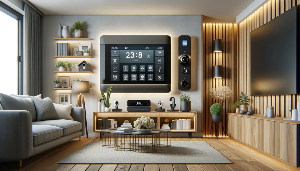 Feature image for a blog on home security systems in Westminster, California, depicting a modern living room equipped with ADT and Vivint home security technologies. The room includes a sophisticated ADT control panel and Vivint's smart home devices such as high-definition cameras and smart locks, set in a clean, organized environment that emphasizes functionality and modern aesthetics.