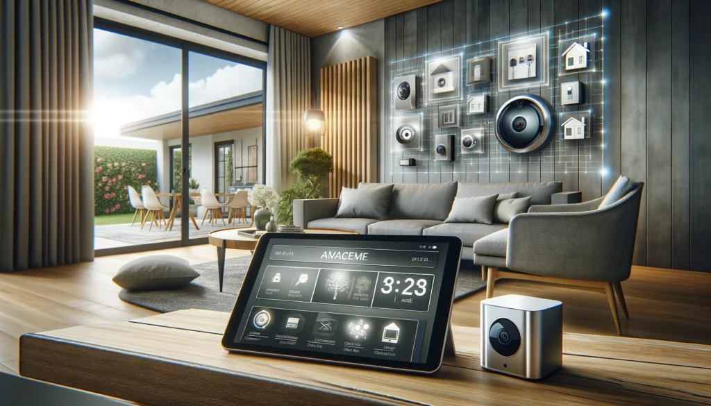 A contemporary living room equipped with advanced home security technology from providers like ADT and Vivint. The room features modern furniture, a large window with a garden view, a high-tech security control panel on the wall, strategically placed smart cameras, and a tablet displaying a smart home app interface on a coffee table, illustrating a secure and stylish home environment in Anaheim, California.