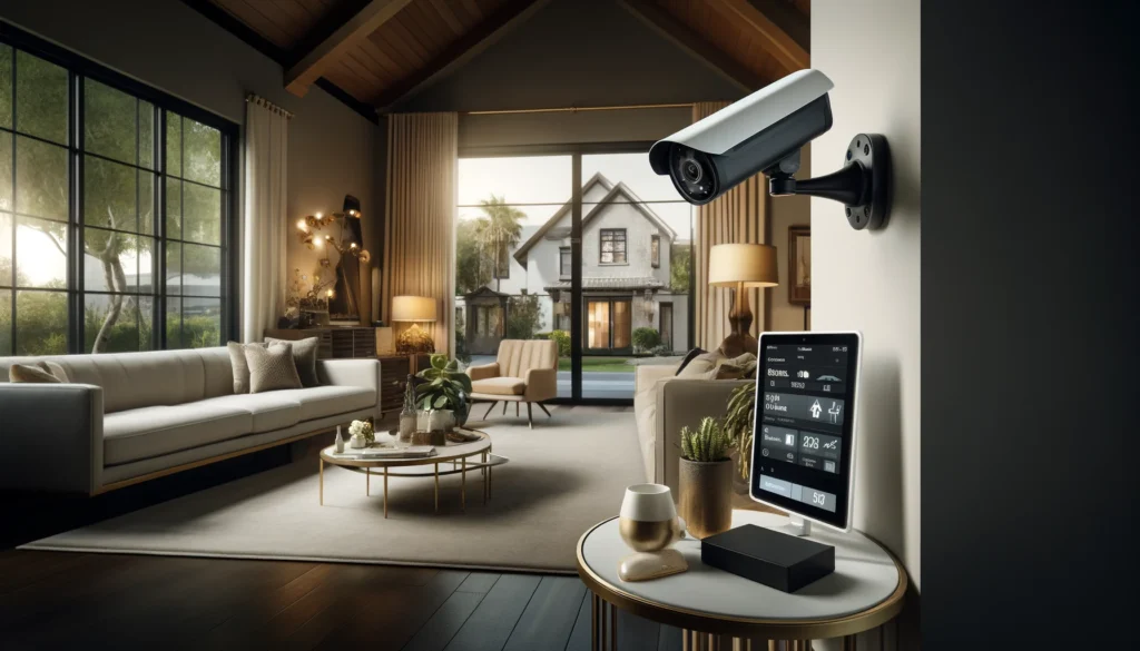 Modern living room in a suburban home in Glendale, California, showcasing integrated home security technologies from providers like ADT and Vivint. Features include a high-definition security camera and a smart home console on a stylish table, with a view of the urban environment outside the window, emphasizing functionality and aesthetic appeal.