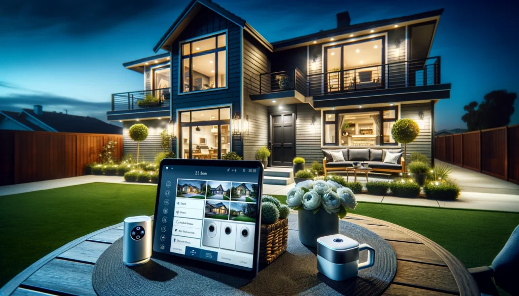 Modern home in Lancaster, California at dusk, featuring advanced home security systems from providers like ADT and Vivint. The image includes a stylish suburban home with a well-manicured lawn, security cameras, and a smart doorbell. A tablet on an outdoor table displays the security interface with live feeds, highlighting the seamless integration of sophisticated technology in a home setting.