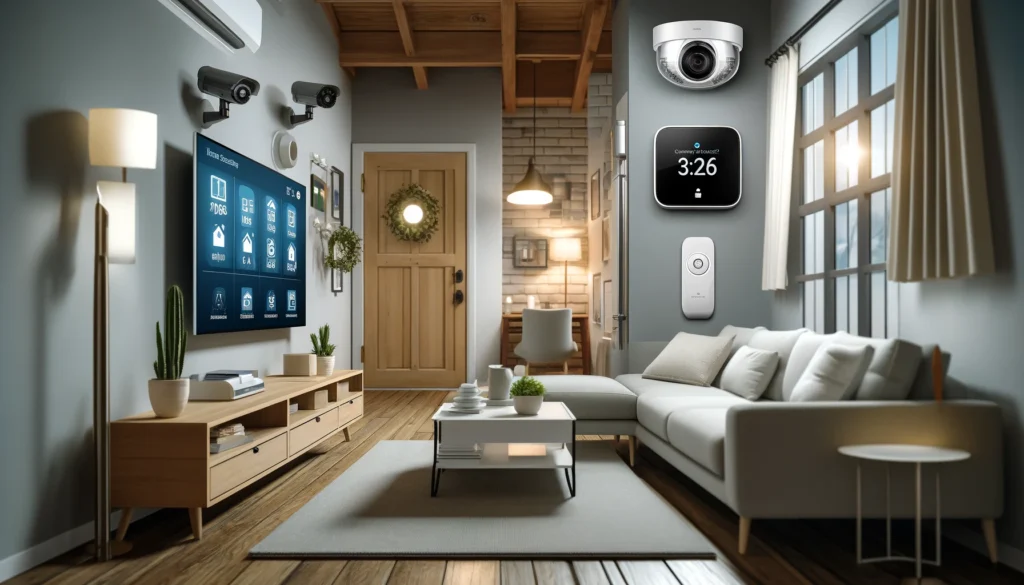 Interior view of a contemporary living room featuring modern home security technology, including an ADT high-definition security camera and a Vivint smart lock on the front door. The room also displays an intelligent thermostat on the wall, illustrating a sophisticated integration of security devices with home decor. The setting highlights both functionality and aesthetic appeal, suitable for showcasing top home security systems in Buffalo, New York.