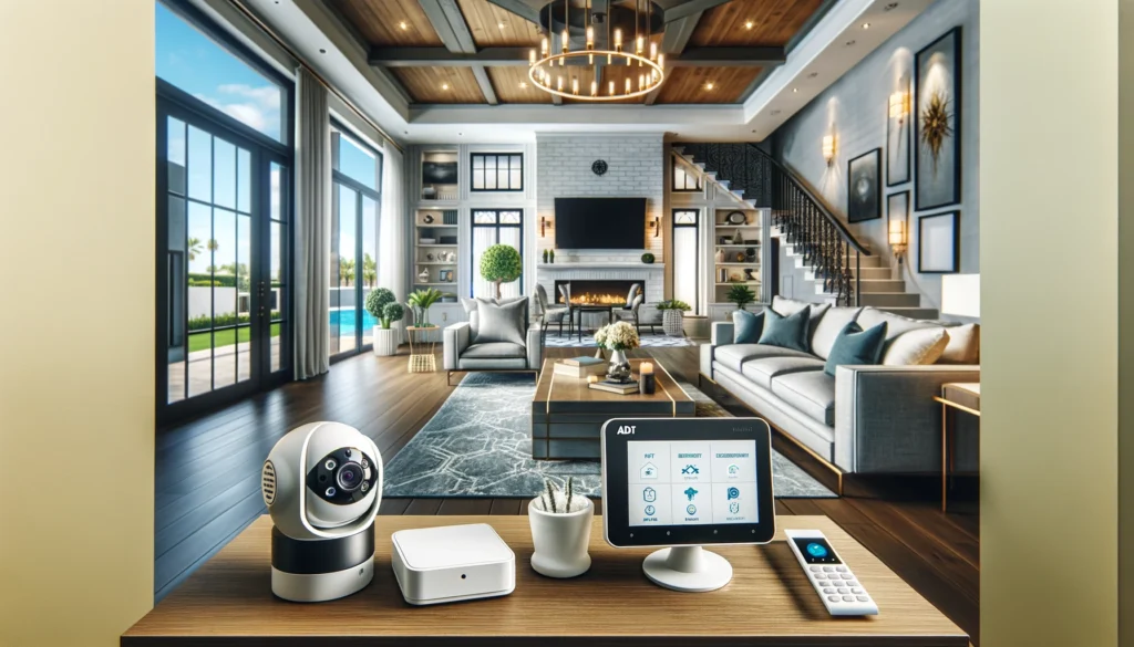 Stylish living room in Riverside, California, featuring a modern home security setup with a high-definition camera and digital control panel from ADT and Vivint. The room includes elegant furnishings and smart home technology such as smart locks and hazard detection devices, integrated seamlessly into the decor.