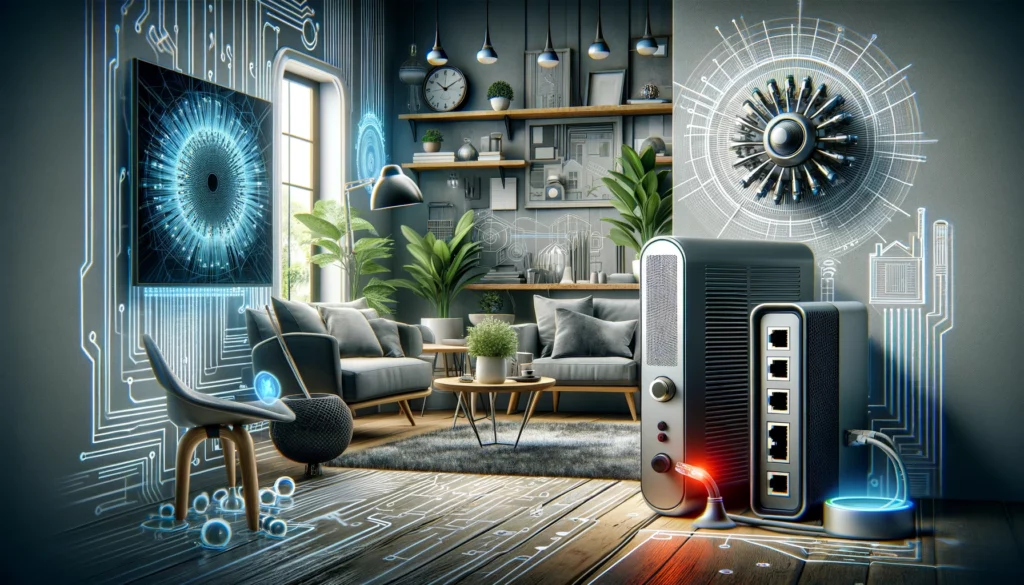 A modern home office setup showing a coaxial cable connected to a modem, with alternative internet devices such as a fiber optic cable and a DSL modem nearby. The scene highlights the comparison between coaxial, fiber optic, and DSL internet connections, set against the backdrop of a sophisticated and technology-integrated living space.