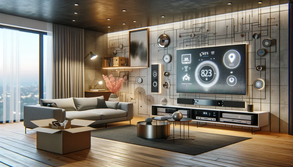 A contemporary and sophisticated living room showcasing high-tech gadgets and stylish furniture, including a smart home control panel, a minimalistic sofa, and an advanced entertainment system, with an open moving box on the floor, symbolizing a first-time renter's moving out process.