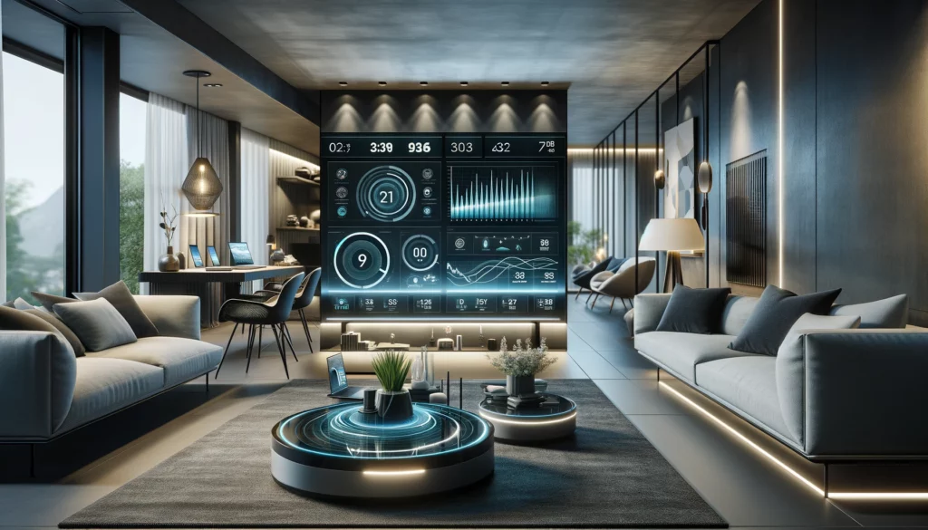 A contemporary living room featuring cutting-edge technology for data transmission, including a futuristic home office setup with multiple screens showing data speeds, and a stylish smart home hub on a coffee table displaying live data stats, all within a minimalist and aesthetically pleasing home environment.