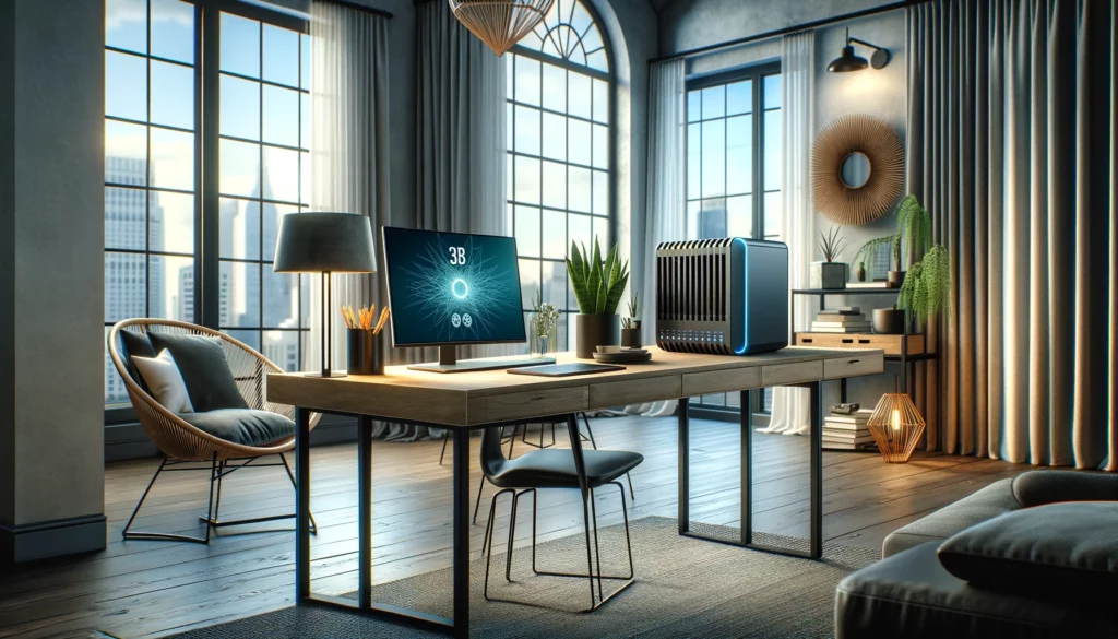 A sophisticated home office with a contemporary design, featuring a sleek desk with a Spectrum modem and laptop, surrounded by large windows, contemporary furniture, and decorative plants, illustrating the seamless integration of modern technology into a stylish living space.