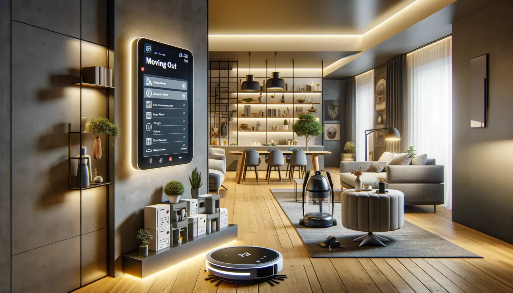 A contemporary apartment during the moving out process, featuring advanced home technology like a smart control panel, a robotic vacuum cleaner, and digitally labeled smart boxes, set against a backdrop of stylish furniture and decor.