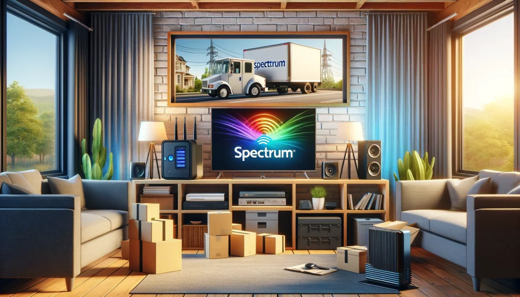 A modern home office setup during a move, featuring Spectrum equipment such as a router, modem, and TV, surrounded by moving boxes. A moving truck is visible through the window, symbolizing the transition of Spectrum services to a new home. The scene highlights organization, technological integration, and the simplicity of transferring Spectrum services, ensuring uninterrupted connectivity.
