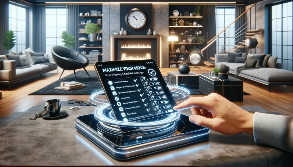 A modern living room featuring a person using a moving checklist app on a futuristic tablet, surrounded by contemporary furniture and smart home devices, illustrating the integration of sophisticated technology to simplify the moving process.