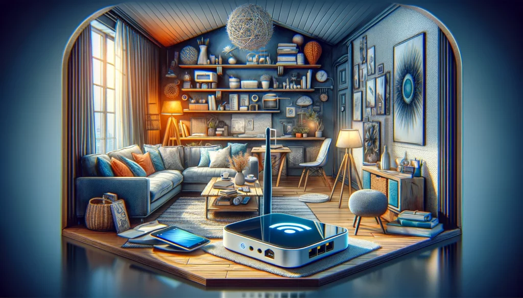 Wide-format image of a cozy home setting with devices connected to a mobile hotspot, highlighting the versatility and convenience of portable internet alongside symbols for flexibility and potential limitations.