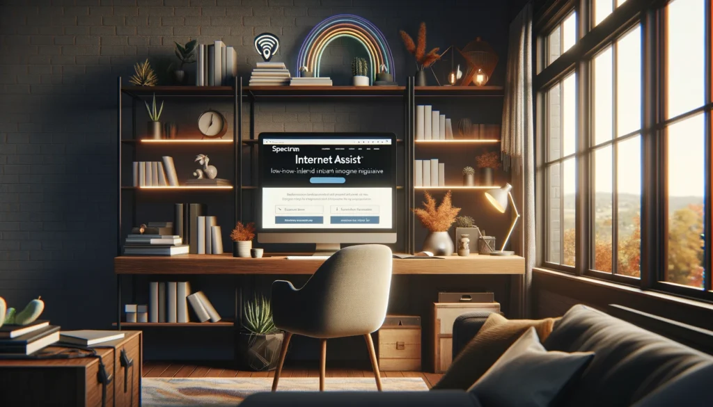 Modern home office with Spectrum Internet Assist on computer, symbolizing digital inclusion and connectivity.