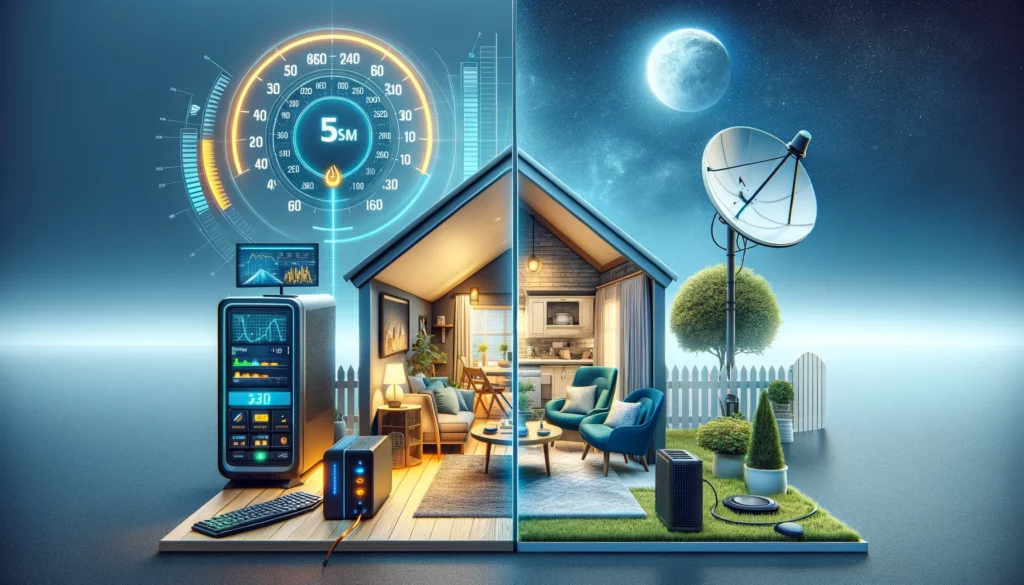 A split-scene image showing a modern home's interior with a cable modem and router on one side, symbolizing the speed and stability of cable internet, and a satellite dish mounted outside on the other side, representing satellite internet's availability and weather sensitivity. Visual cues like speed meters and signal bars highlight the differences in speed and reliability between cable and satellite internet.