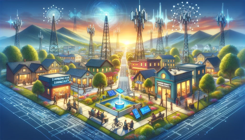 A vibrant community scene illustrating the impact of community internet providers, featuring a small town with residents using devices connected to Wi-Fi, community broadband antennas, and a central hub building for internet services. The image highlights the integration of modern technology into community settings, showcasing local economic growth, enhanced accessibility, and a focus on customer-centric services.