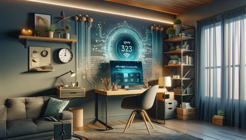 Modern home office with advanced technological devices showcasing Xfinity's Affordable Connectivity Program, symbolizing digital inclusion and internet connectivity.