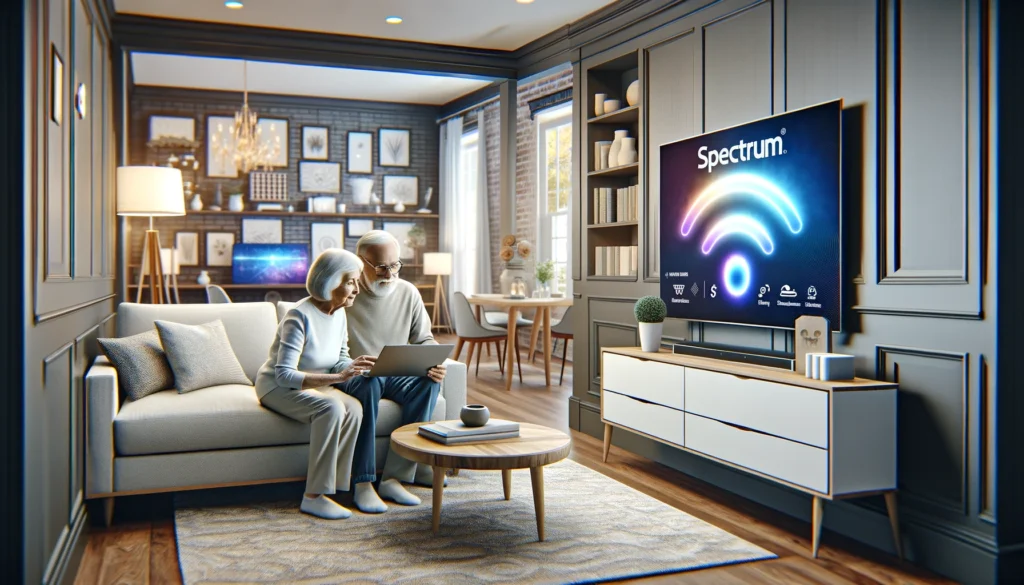 Elderly couple exploring Spectrum's internet options on a computer in a modern, technology-integrated living room.