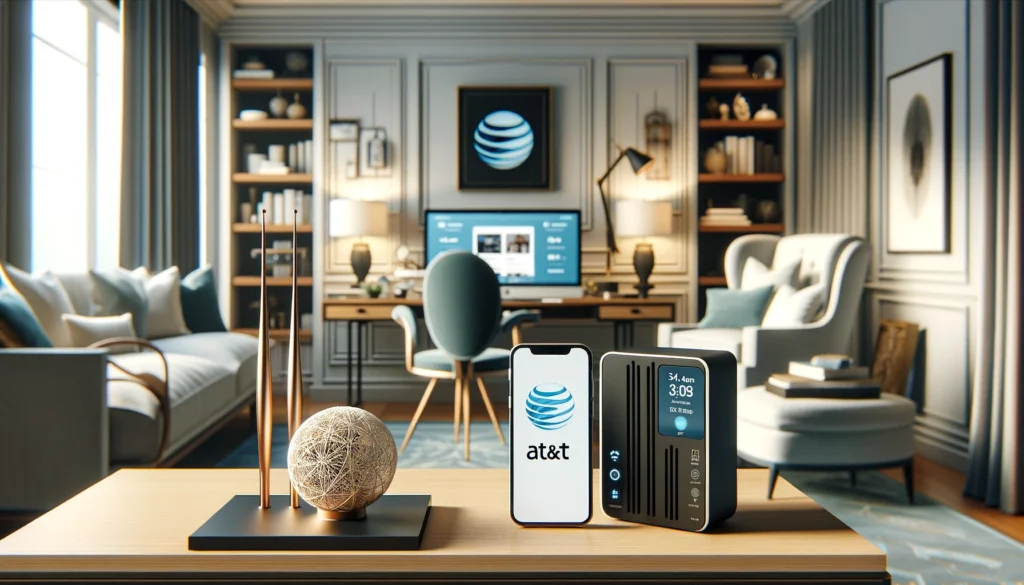 Modern home office with AT&T internet services, showcasing a smartphone with AT&T logo, modem, and a computer with AT&T's interface on screen in an elegantly designed room.