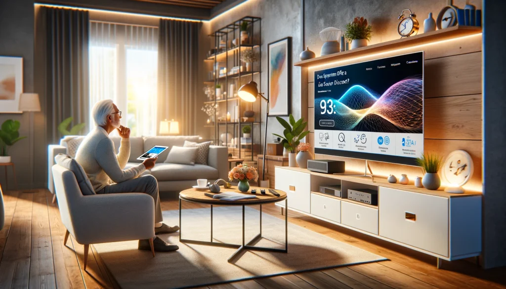 The image showcases a modern, sophisticated living room tailored for an older adult, integrating various technologies that enhance their daily life.