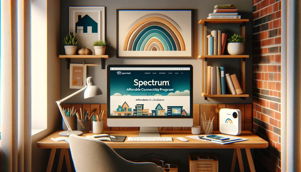 A modern home office with a computer displaying the Spectrum Affordable Connectivity Program website, surrounded by digital devices and educational materials, symbolizing affordable internet connectivity and digital inclusion in a stylish setting.