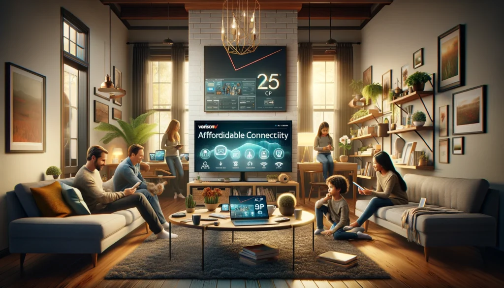 Diverse family using digital devices in a modern living room, illustrating Verizon's Affordable Connectivity Program for enhanced internet access.