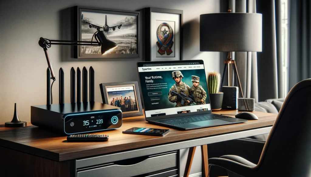 The image showcases a home office setup that integrates modern technology tailored for military families, reflecting both the aesthetic appeal and the practical functionality of Spectrum's internet services.