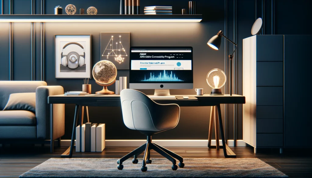 Modern home office with advanced technology showcasing Frontier's Affordable Connectivity Program on a computer screen, emphasizing digital inclusion and sophistication.